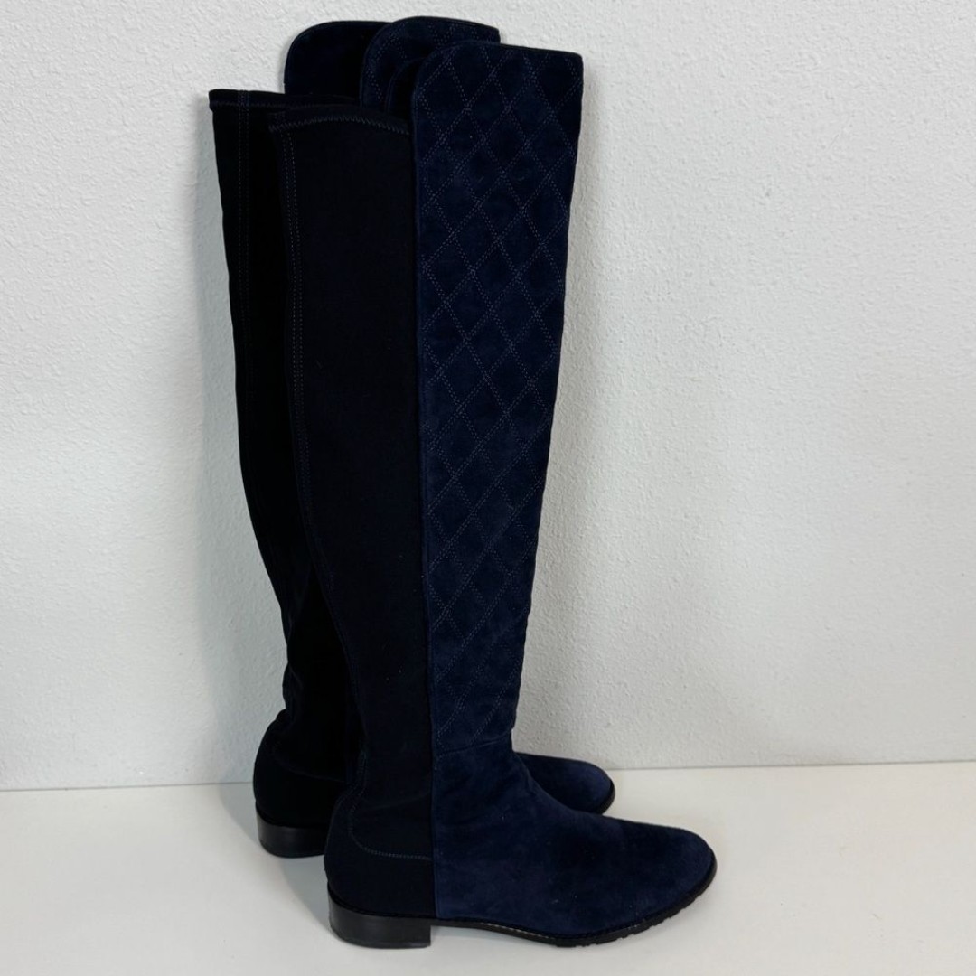 STUART WEITZMAN 5050 Quilted Navy Blue Suede Black Over the Knee Boots 9.5
