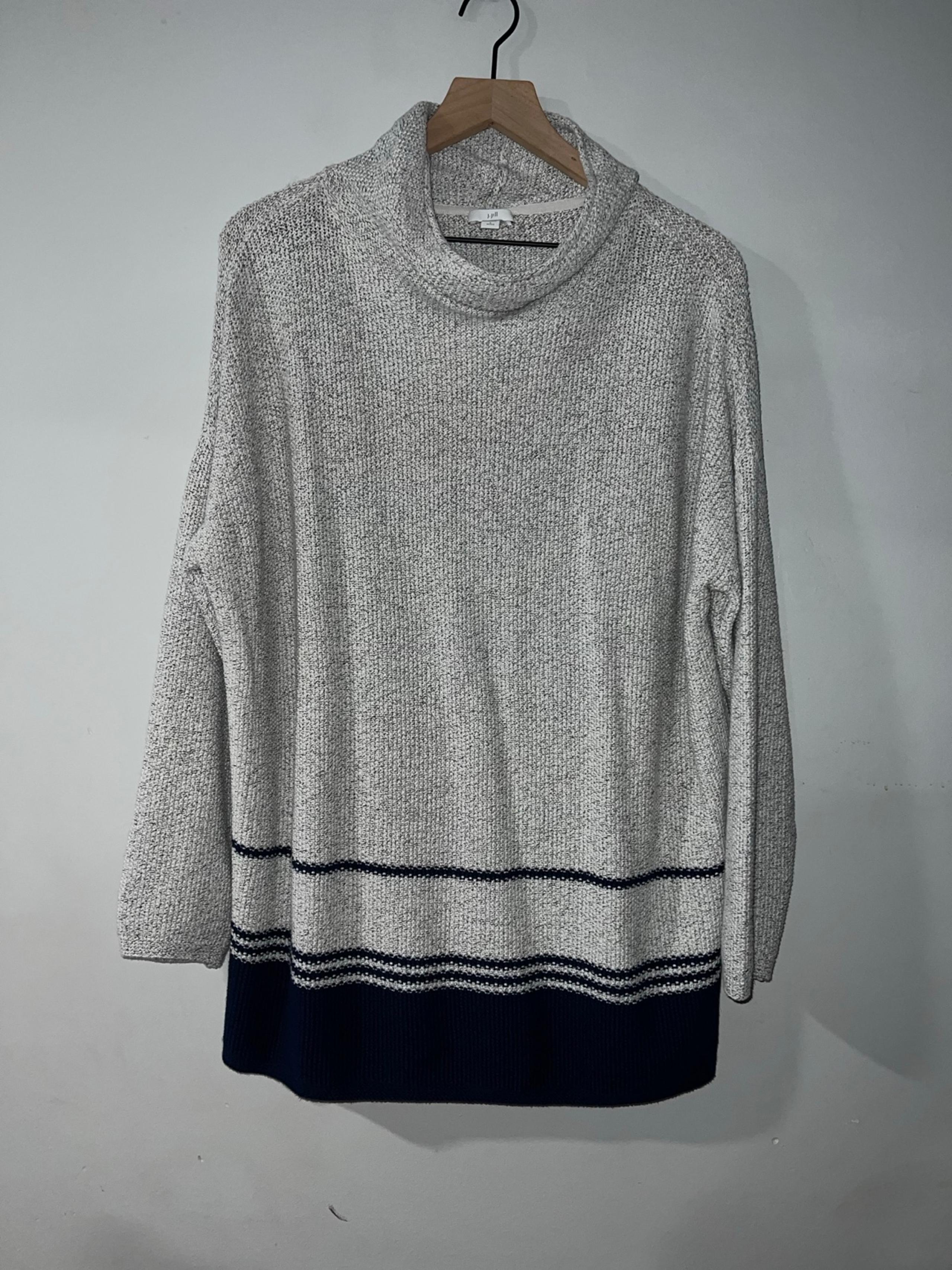 J. Jill Knit Sweater Size large Soft Oversized Blue Gray Stripes Cowl Neck