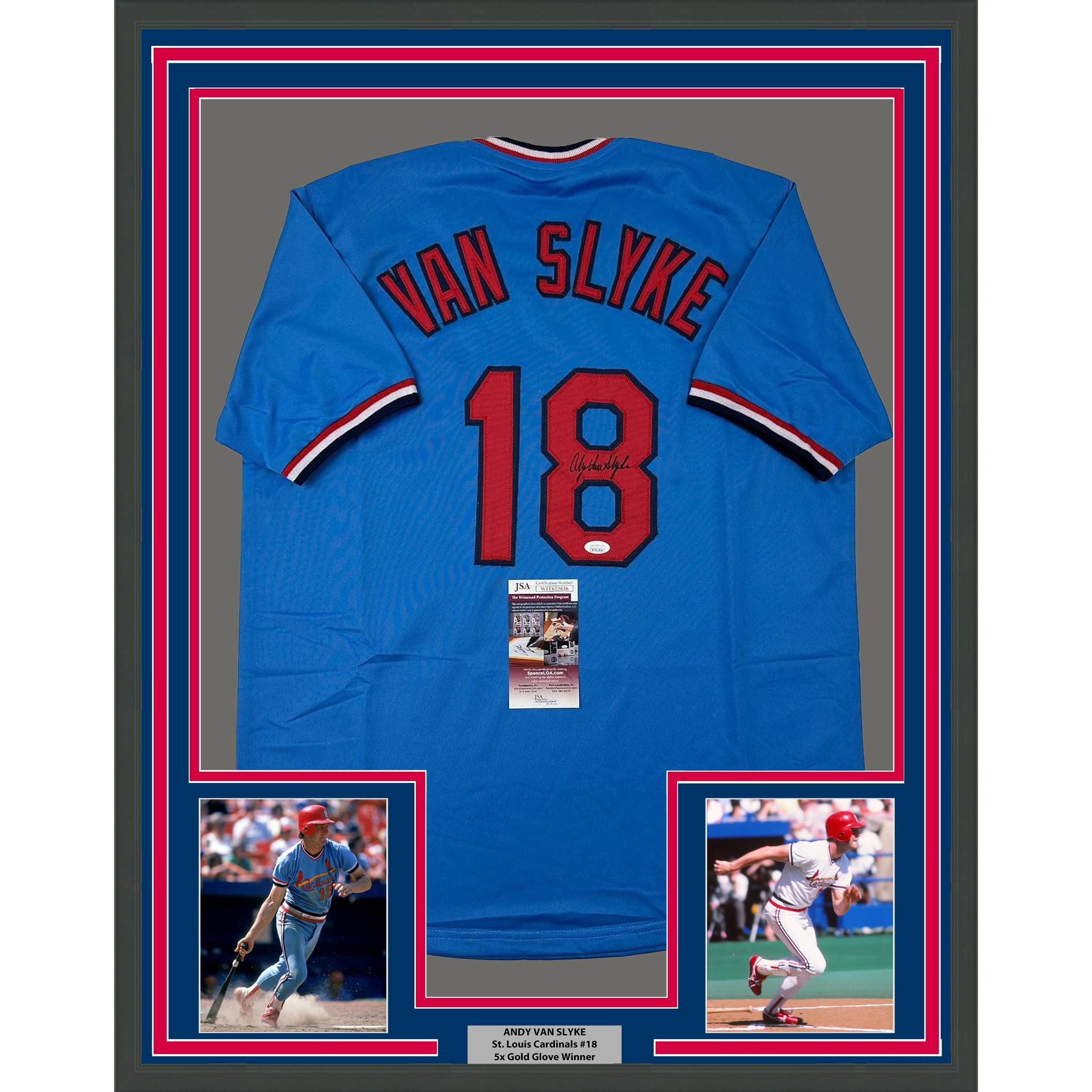 Framed Autographed/Signed Andy Van Slyke 35x39 St. Louis Blue Jersey JSA COA