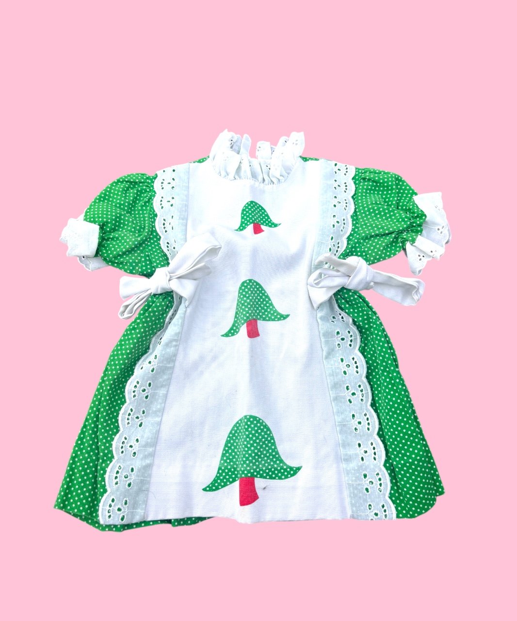 Vintage Baby Girl Green & White Ruffle Dress w/ Bows On Sides & Mushrooms SZ 2T