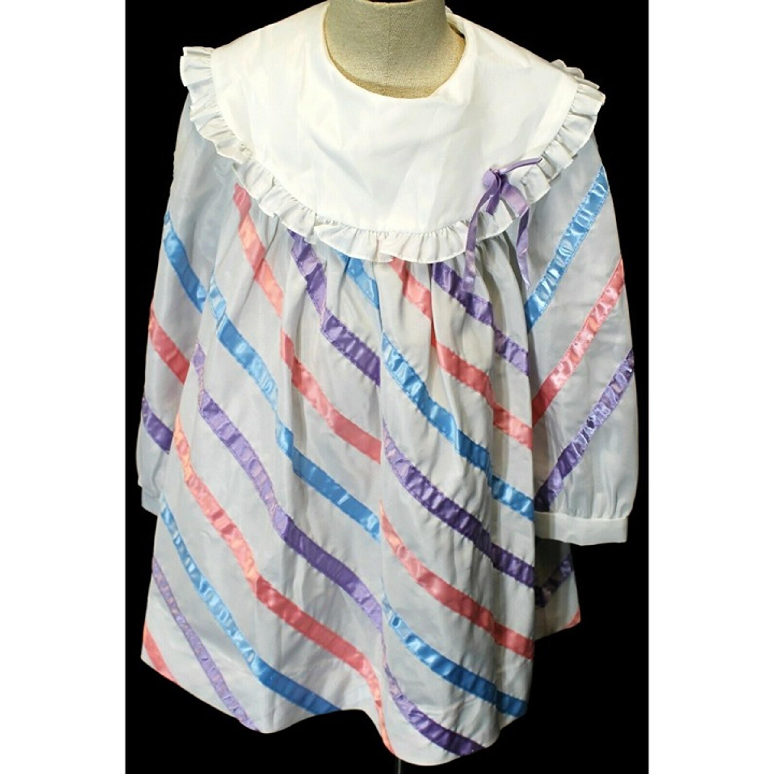 VTG 80s Rare Editions Girls Dress sz 6 White Multicolored Striped Long Sleeve