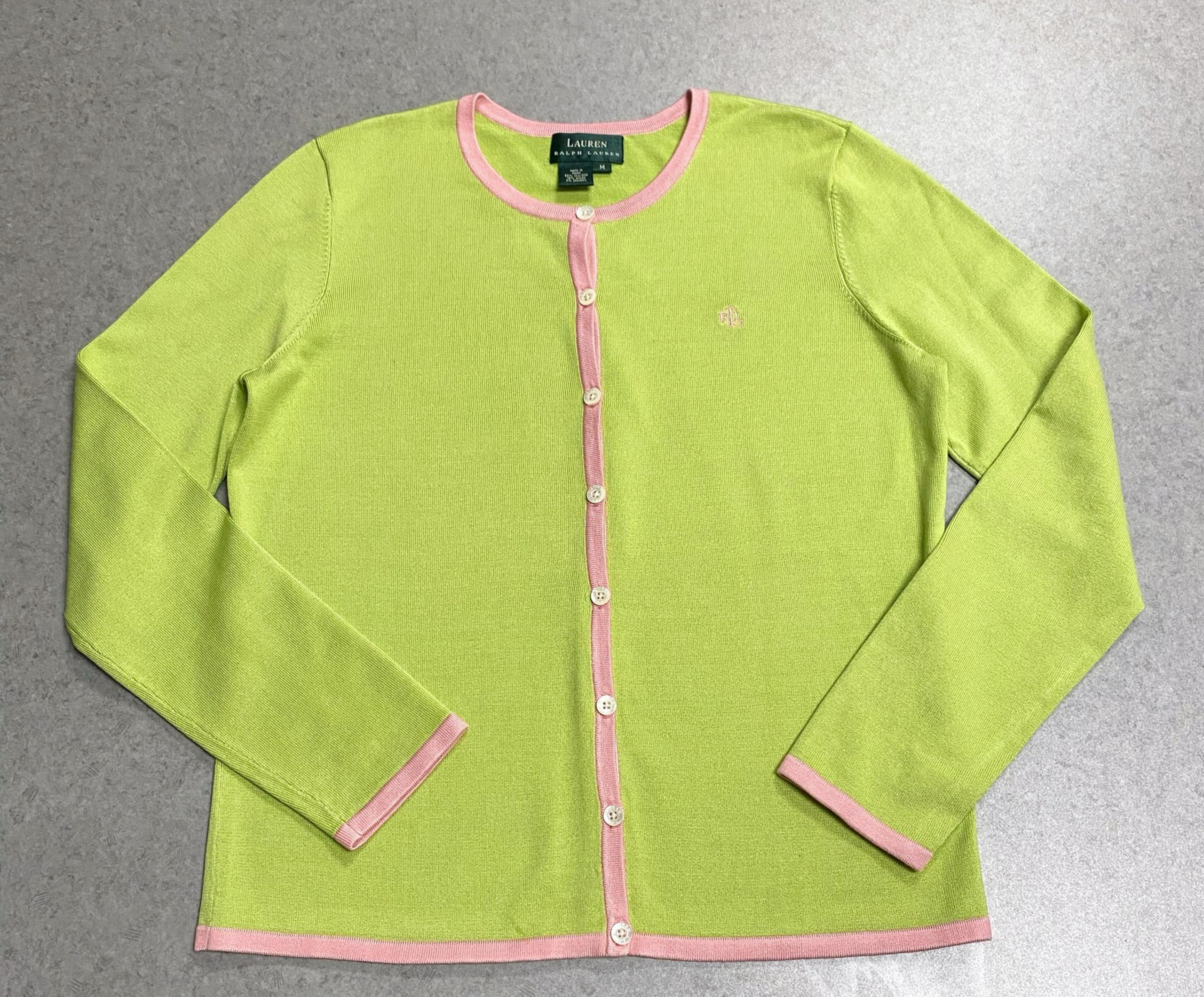 Lauren Ralph Lauren Pink Lime Green Silk Blend Cardigan Sweater—Medium