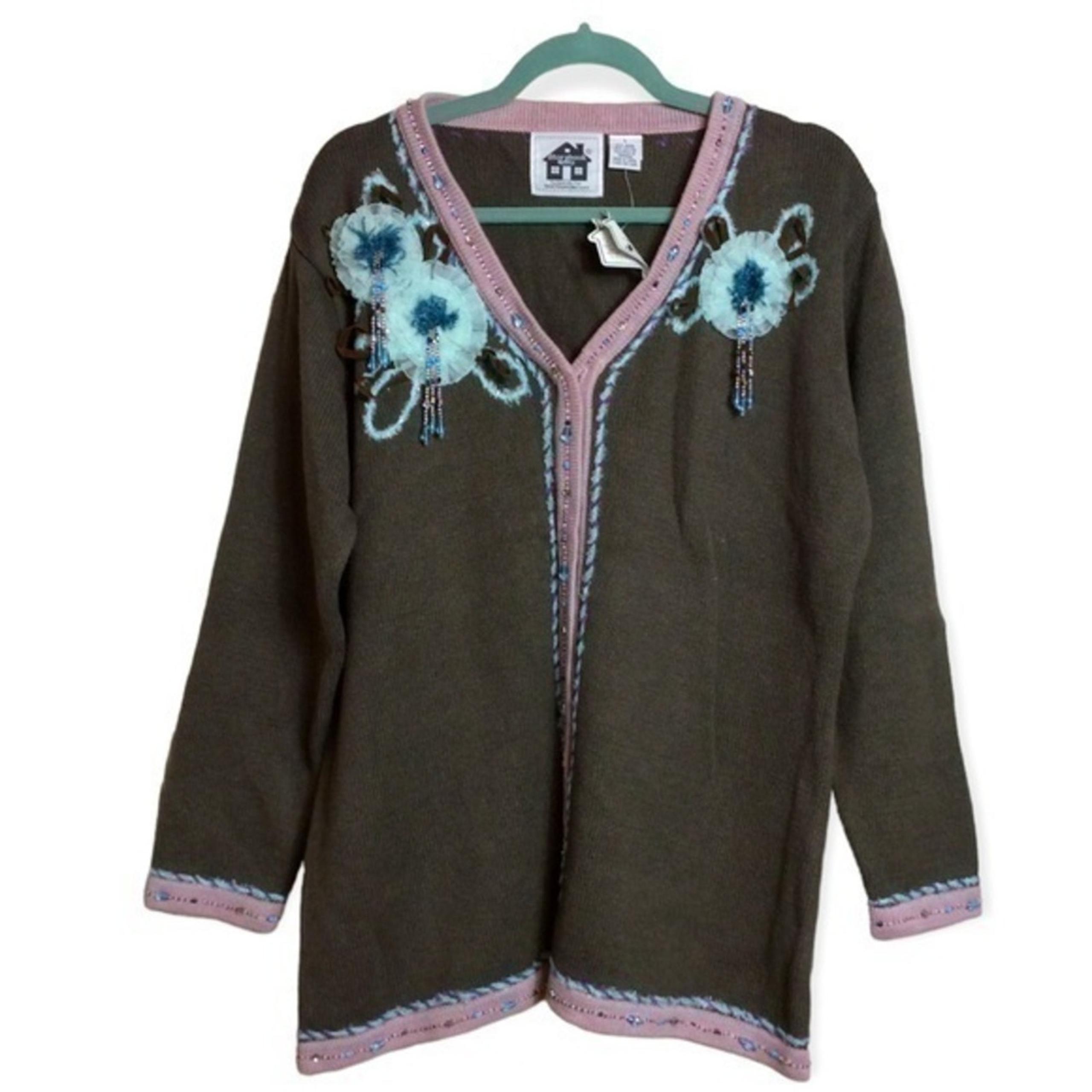 NWT Storybook Knits brown floral appliqué sweater. Large