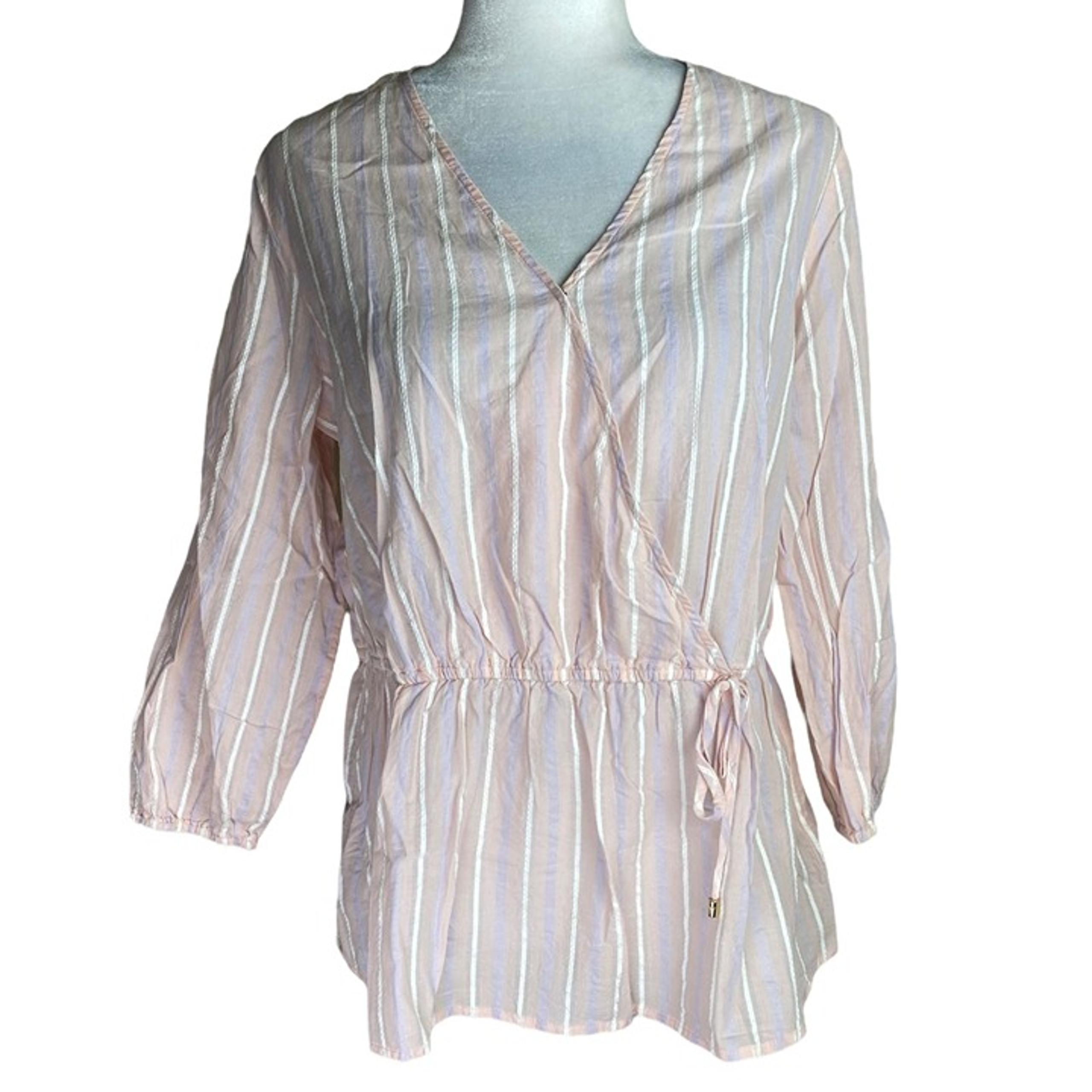 Andrew Marc NY Blouse Pink Striped 3/4 Sleeves Lightweight Cotton Womens Size L