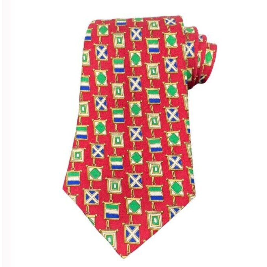 Celine Paris Lux Silk Tie Nautical Medallions Ornate Wide Red EUC