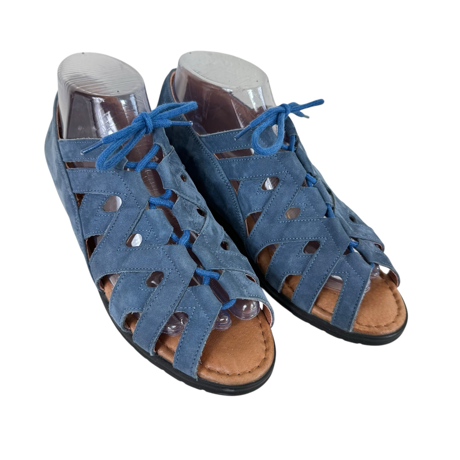 BeautiFeel Edyta Blue Suede Leather Lace Up Peep Toe Wedge Sandals Size 38 7.5