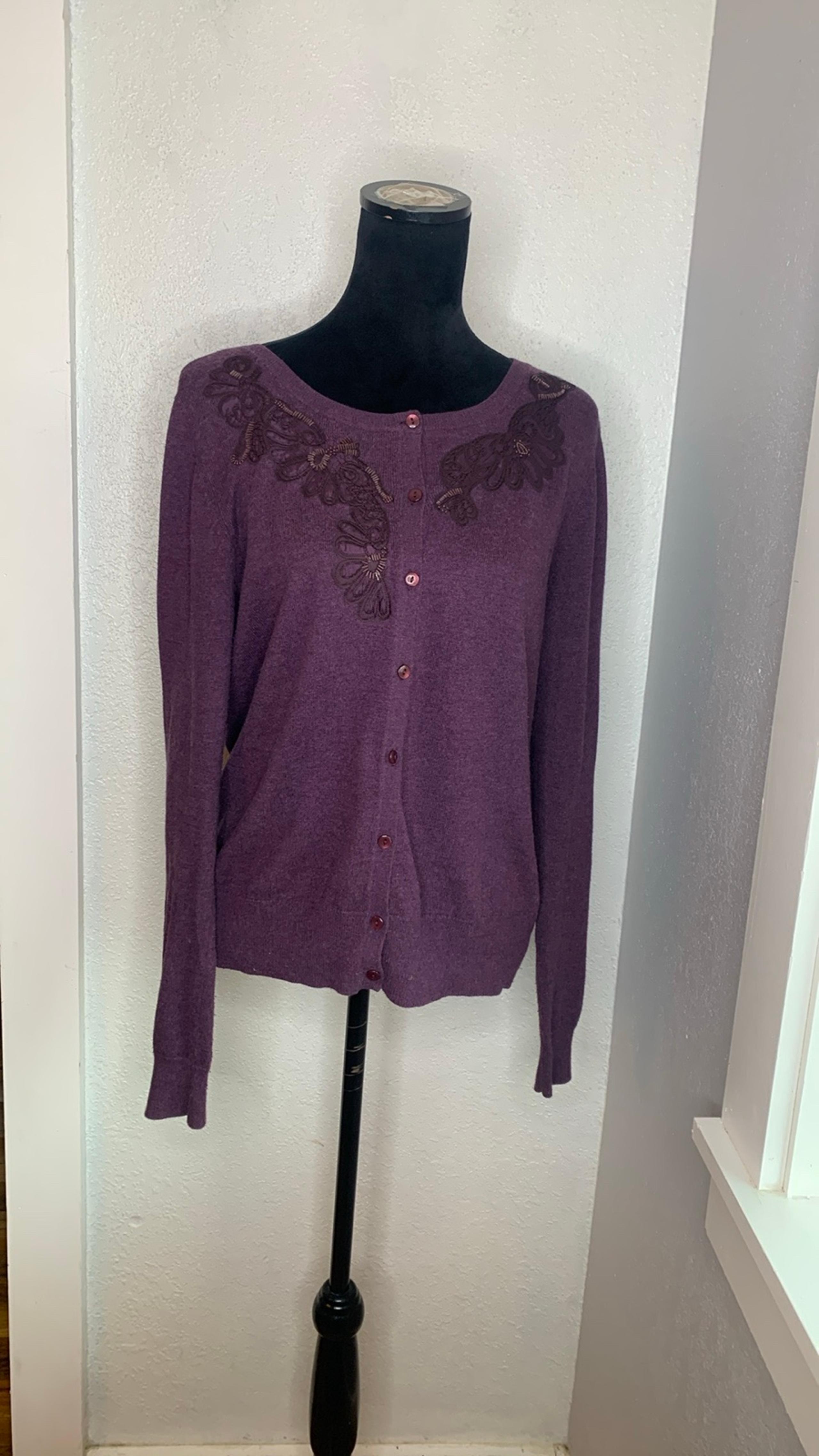 Caslon plum purple cardigan knit sweater button up beaded size Large