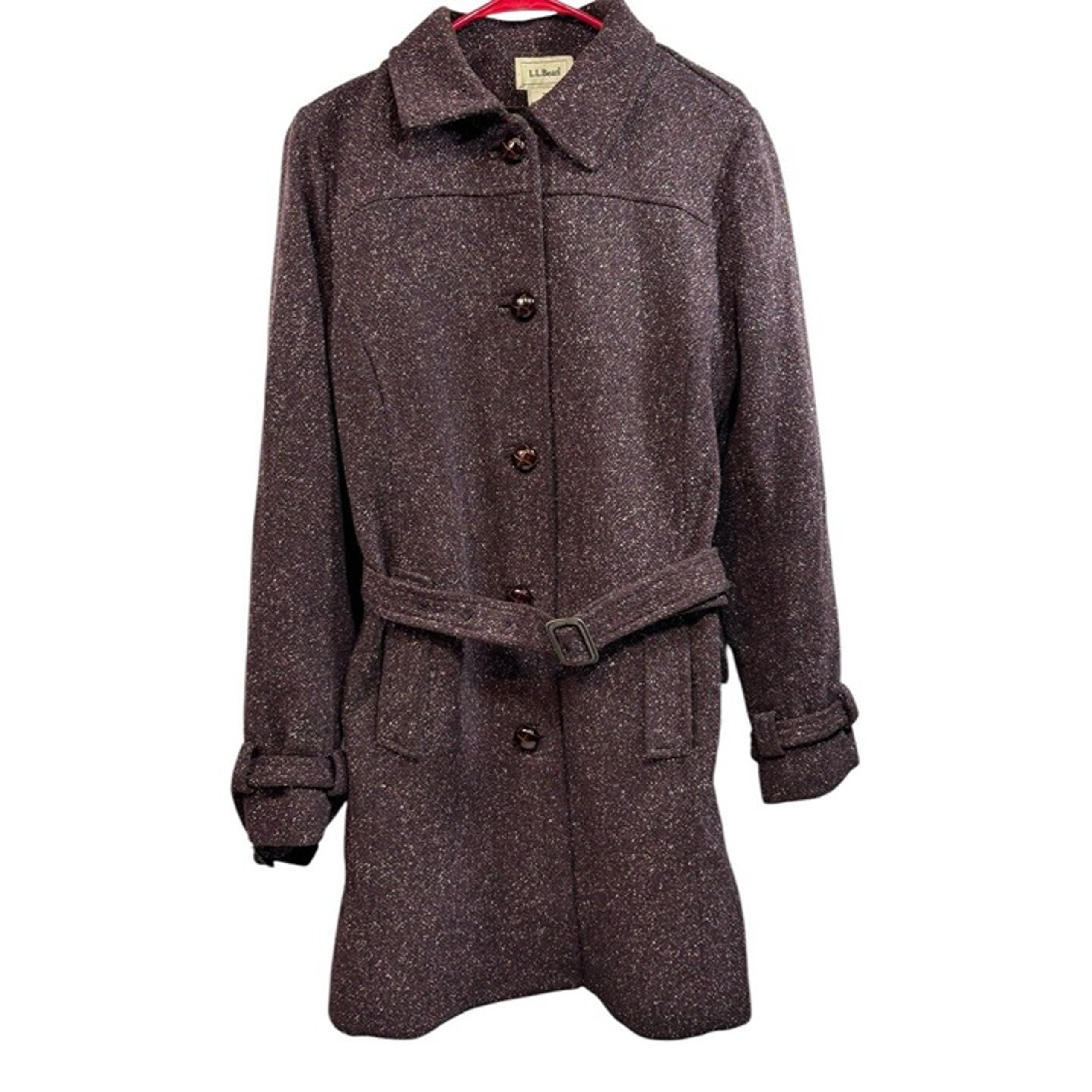 Vtg L.L.  Bean Womens Medium Wool Blend Purple Peacoat Belted Tweed Lined Silk