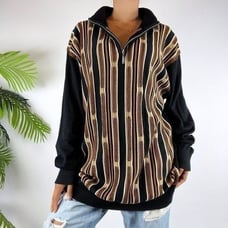 Vintage 90s Grunge Retro Black Indie Oversized Striped Grandpa Sweater / Sz: XL