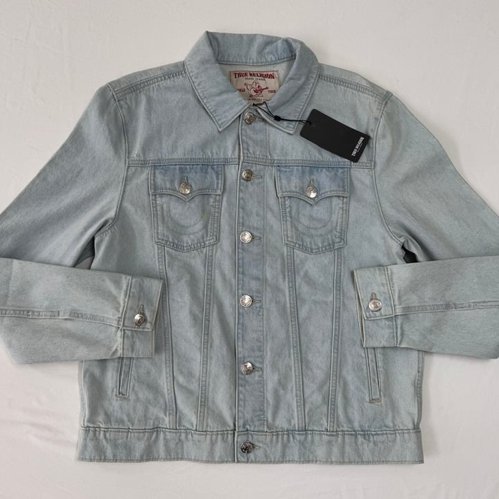 True Religion Jesse SN Trucker Denim Jacket Mens Medium Light Blue Wash New NWT