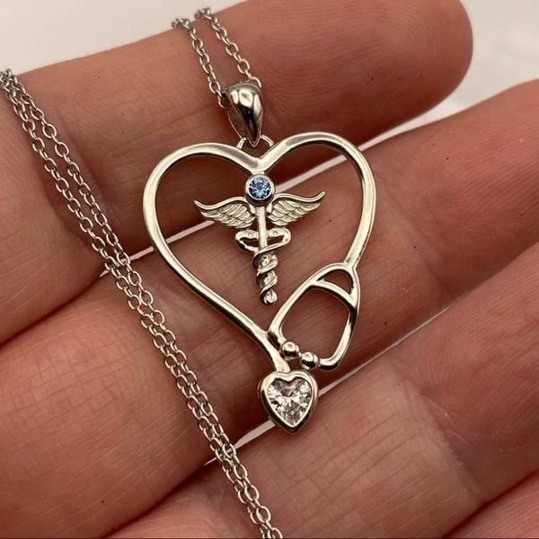 Sterling Silver Stethoscope CZ Necklace