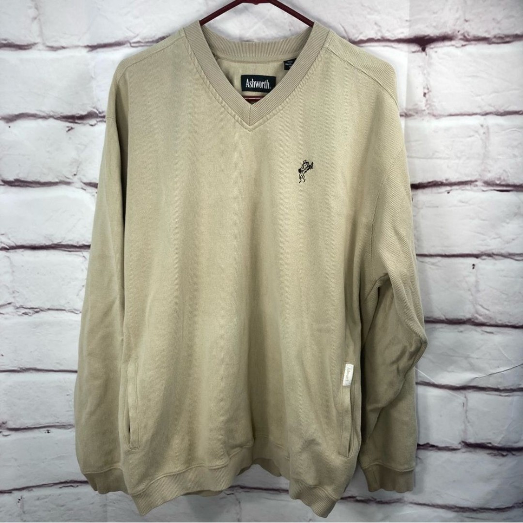 Ashworth Golf Men's SZ M Sweater with Golfer Logo Tan Long Sleeves V Neck Knit