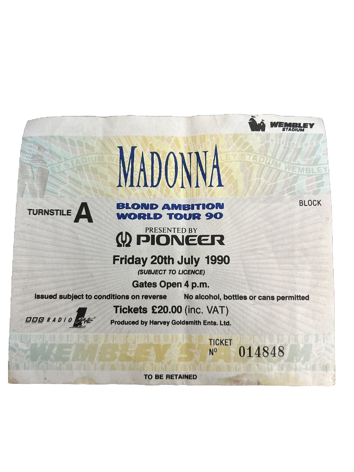 MADONNA 7/20/1990 BLOND AMBITION TOUR Concert Ticket WEMBLEY LONDON ENGLAND