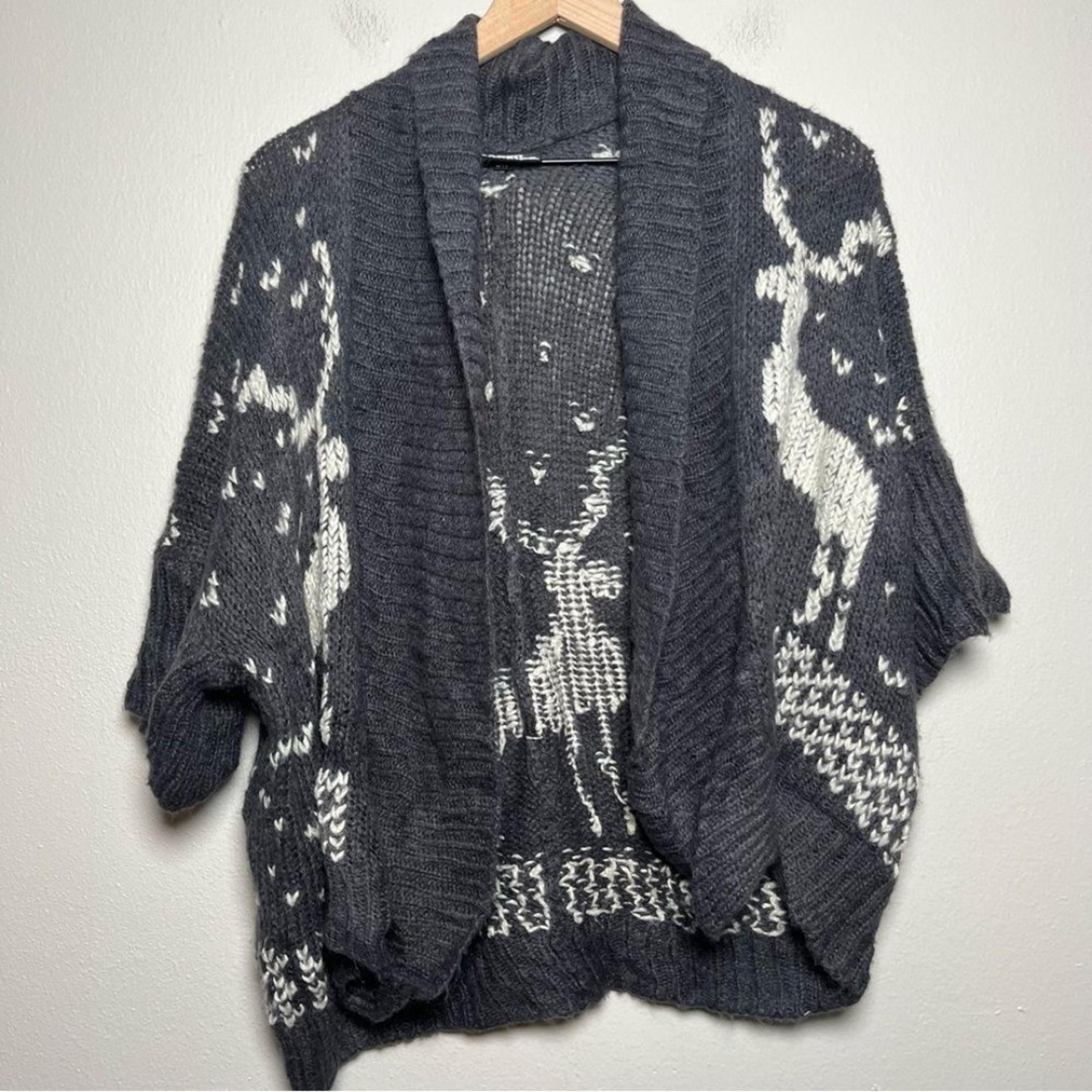 Wooden Ship Women Cardigan Sweater S/M Alpaca Wool Gray White Deer Boho