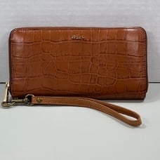 Lauren Ralph Lauren Wristlet Wallet Brown Croc Embossed Leather Zip Around