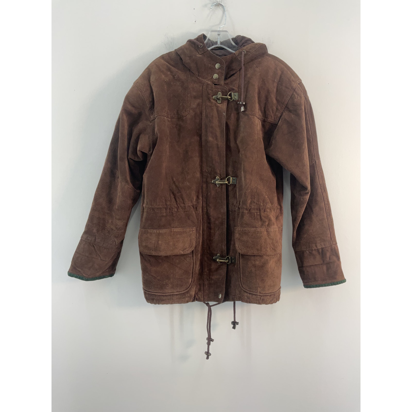 VTG Outbrook Brown Leather Hooded Toggle Winter Coat Womens Size XS