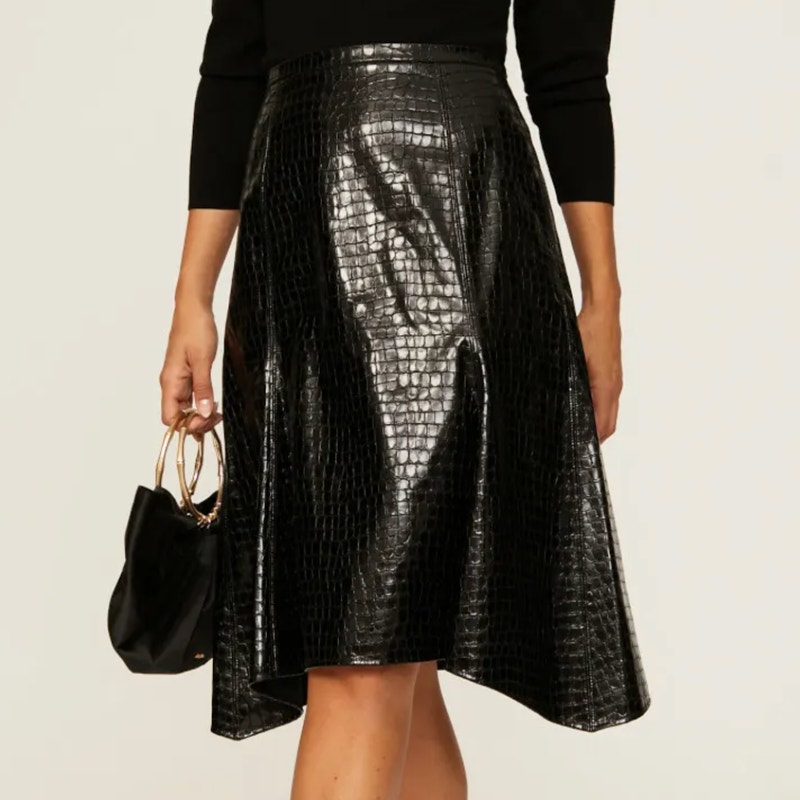 Natori Black Faux Leather Midi Skirt Size 10 Croc Embossed A-line Designer 295