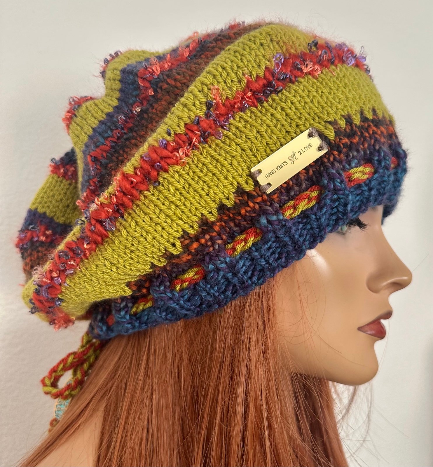 Hand Knits 2 Love Slouch Beanie Hat Adjustable Fit Decorative Beads Designer Hip