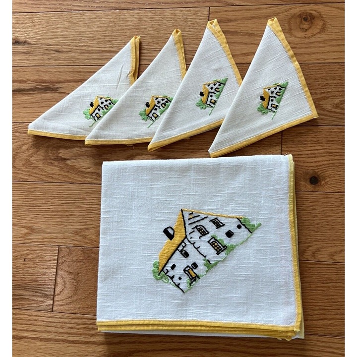 Vintage Hand Embroidered Tablecloth and 4 Cloth Napkins White & Yellow