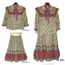 Cottagecore Prairie Skirt Set Ruffle Hem High Neck, Mauve and Sage Green Prairie