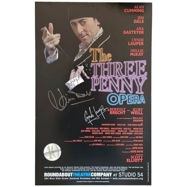 SIGNED The Three Penny Opera Broadway Window Card Cyndi Lauper Ana Gasteyer