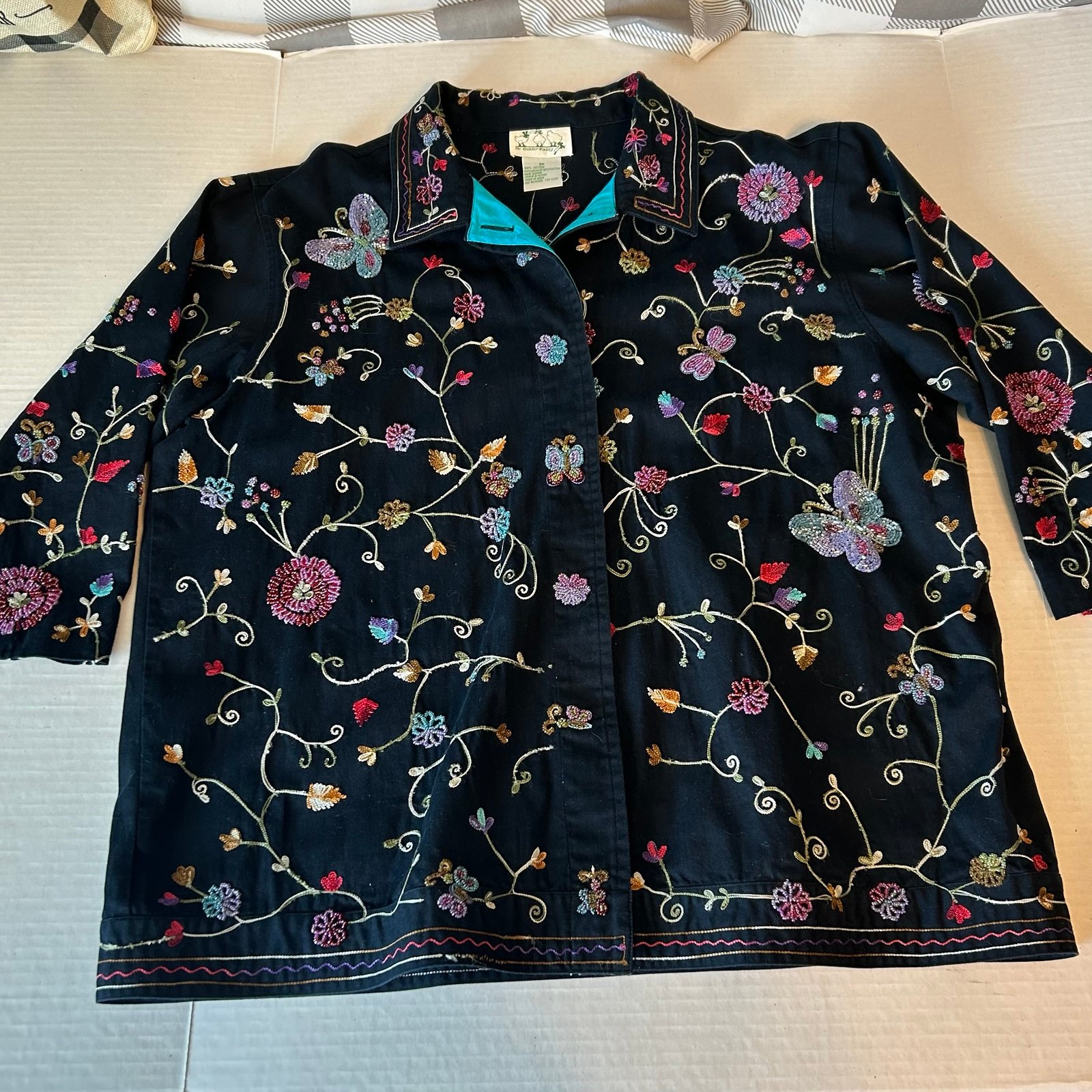 Vintage 90’s Quaker Factory beaded butterfly floral embroidered jacket cotton 1X