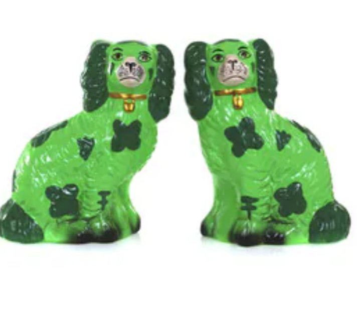Vintage Style Staffordshire Reproduction Pair of green Ceramic Dogs