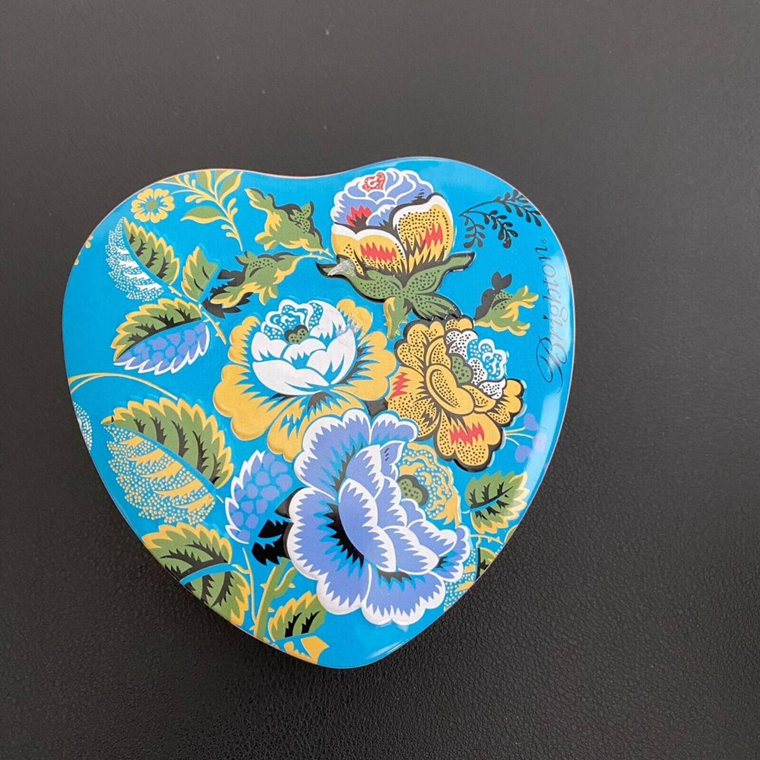 Brighton Blue Yellow Floral Heart Shaped Metal Empty Jewelry Storage Trinket Box