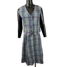 Vintage 1970's Women's Button Front Top Sleeveless V-Neck Plaid Skirt Handmade L