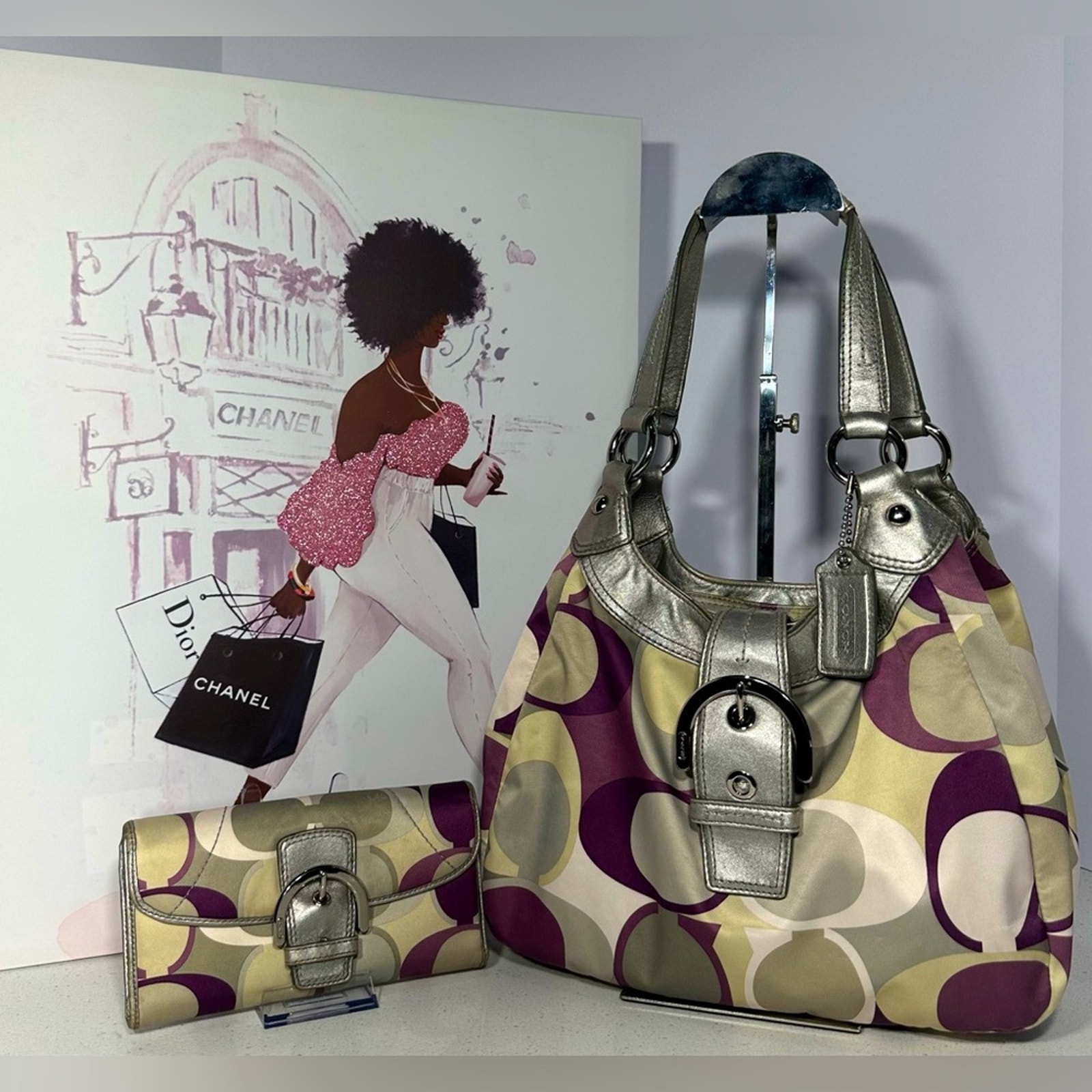 Coach Soho Signature Print Hobo Shoulder Bag Silver/Purple