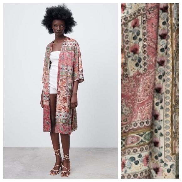 NWT. Zara Pink/Cream Patchwork Print Reversible Kimono. Size M.