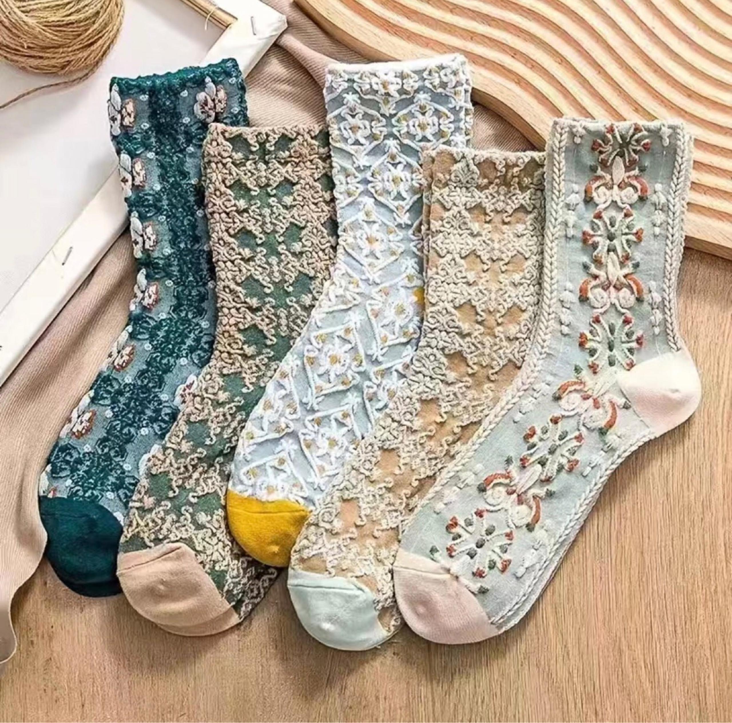 5pairs Floral Socks Set,Flower GeometricTextured Ankle Cotton Blend  Lucky Socks