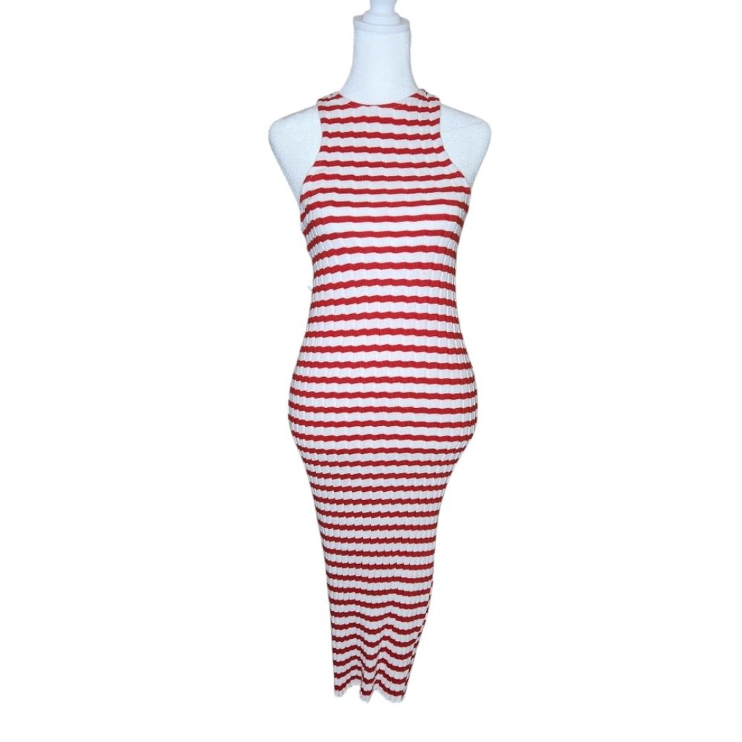 Zara Striped Ribbed Midi Tank Column Dress Red White Women's Size Medium