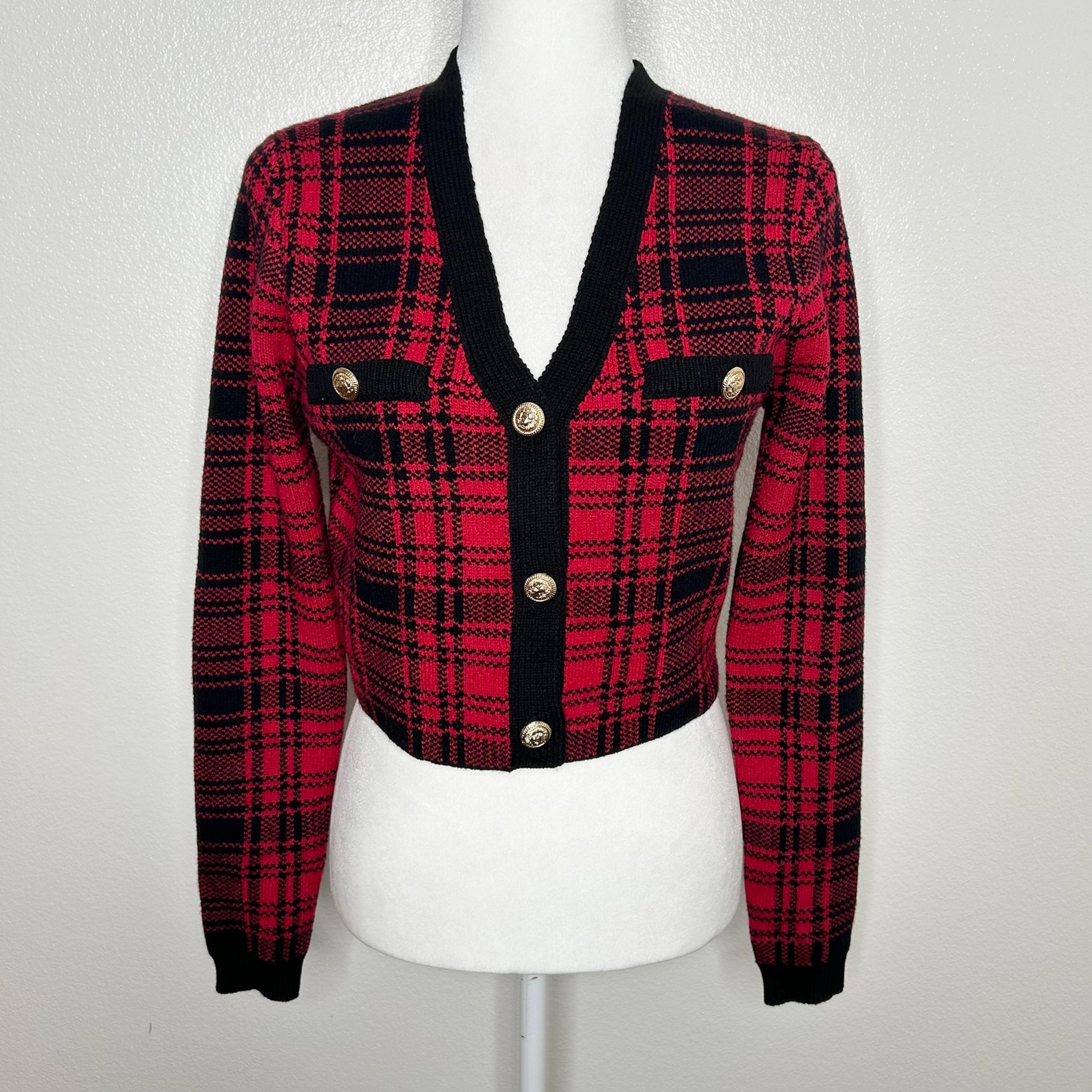 New Fashion Nova Womens Red & Black Plaid Button Up Cropped Cardigan Sweater M