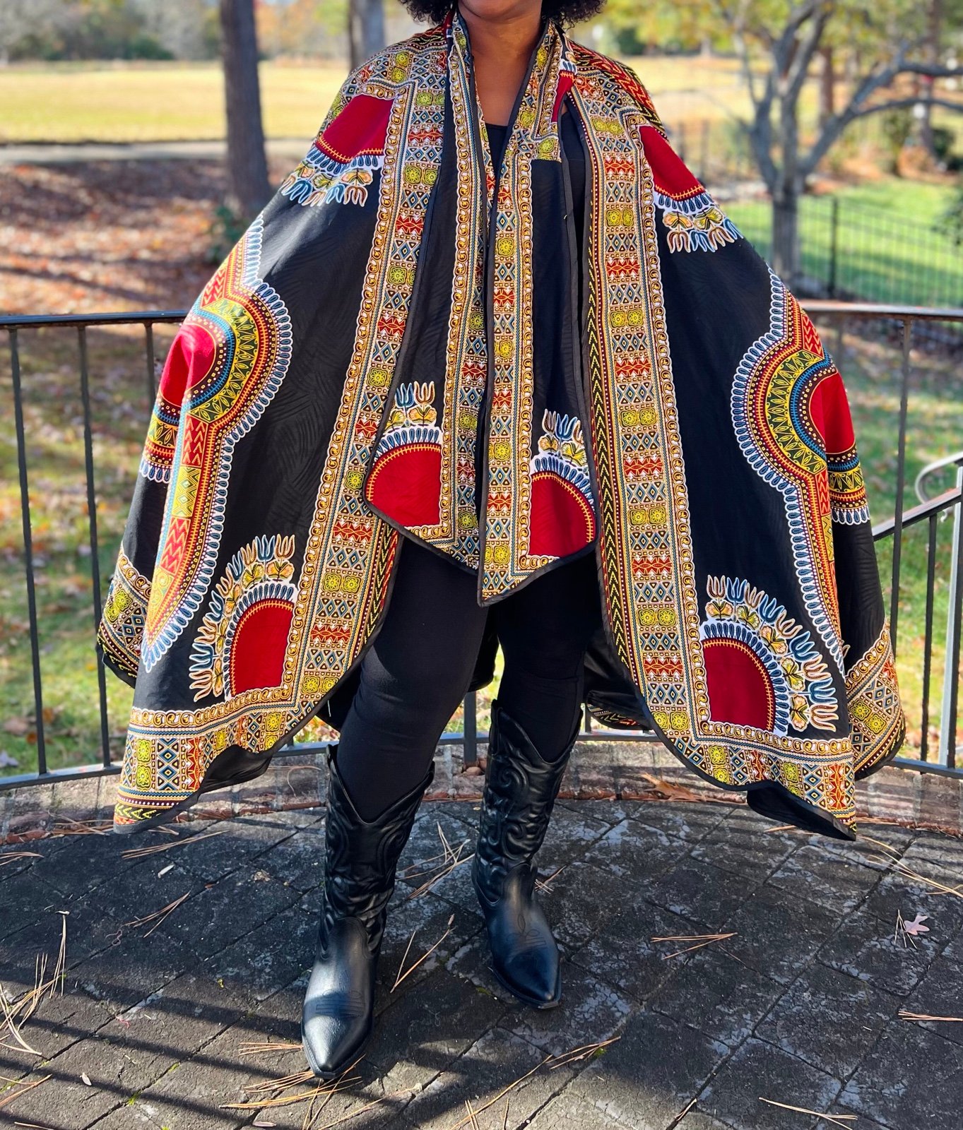 African Print Ankara Black Multicolor Dashiki Belted Poncho Cape