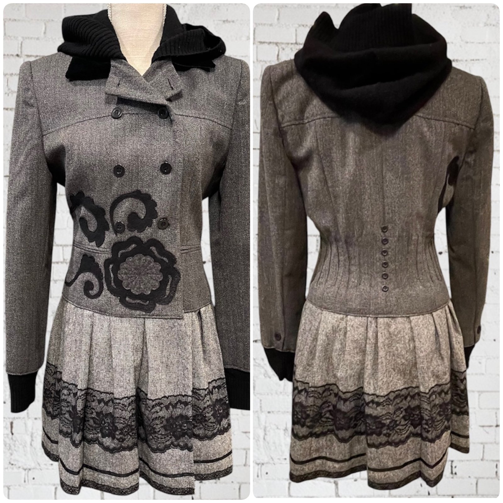 100% Wool Gray Black Lace w/Hoodie Pleated Jacket Pea Coat by BellaSisters