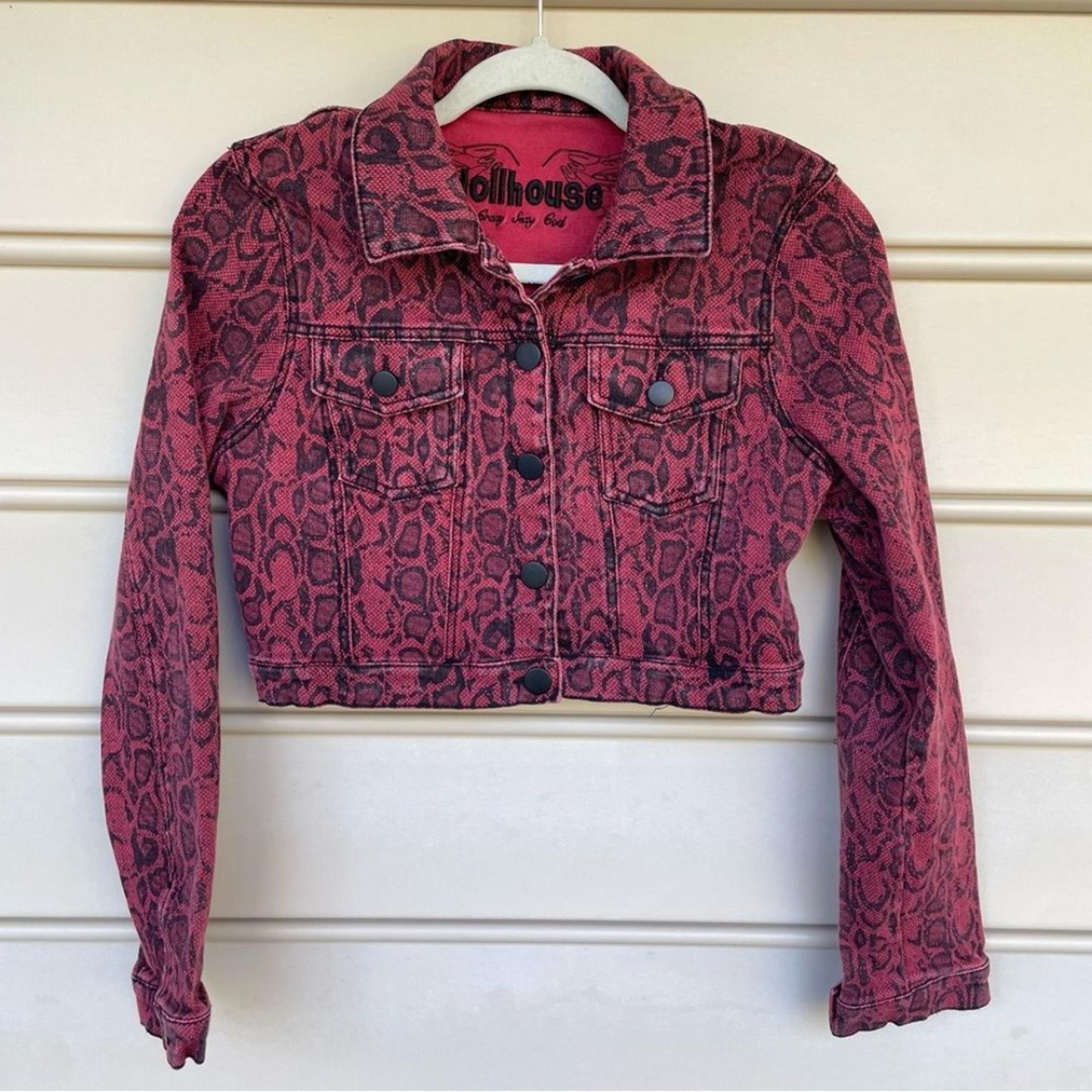 Vintage Dollhouse Snake Print Long Sleeve Crop Jean Jacket Pink Women's Size L