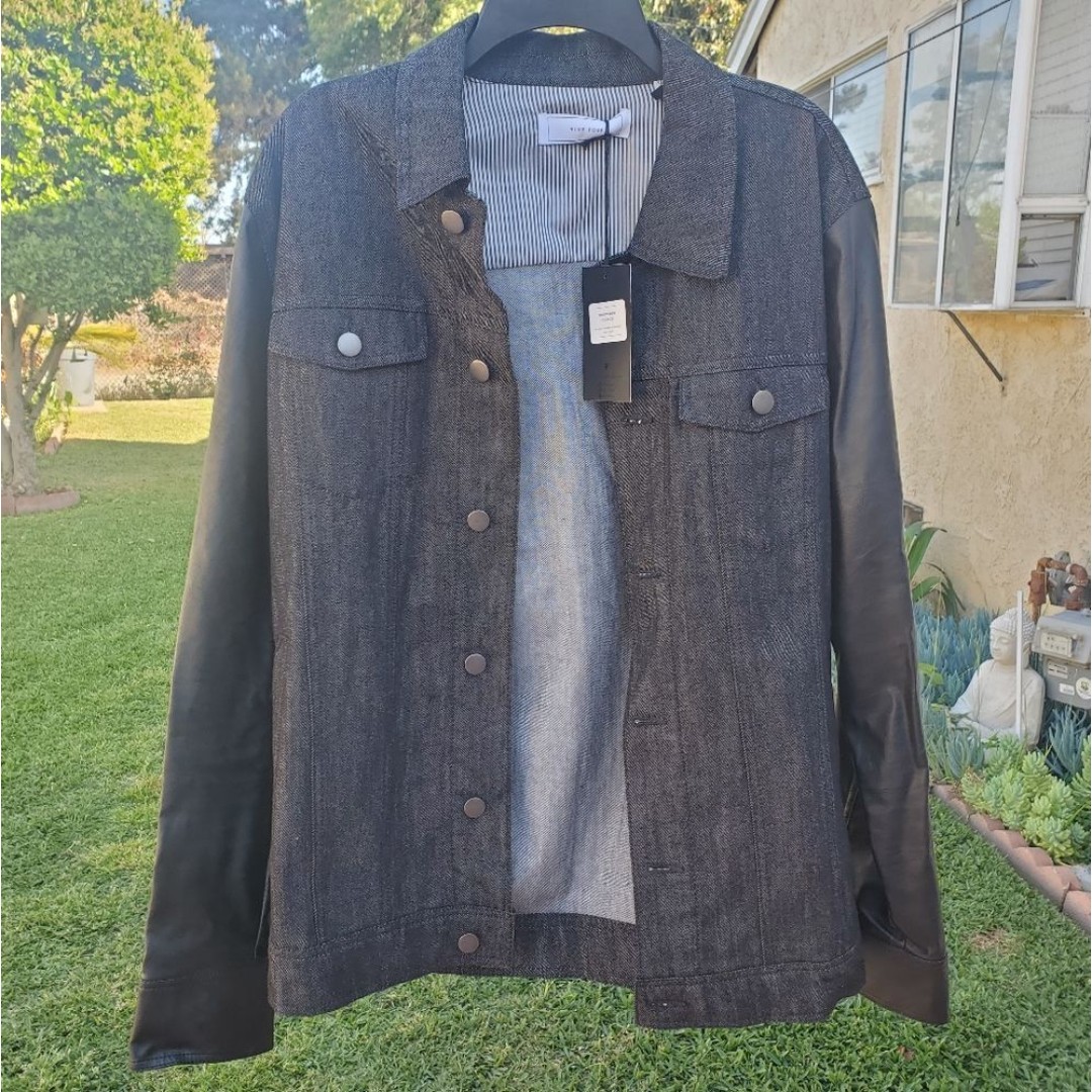 Men's denim jacket trucker faux leather sleeves XL slim fit