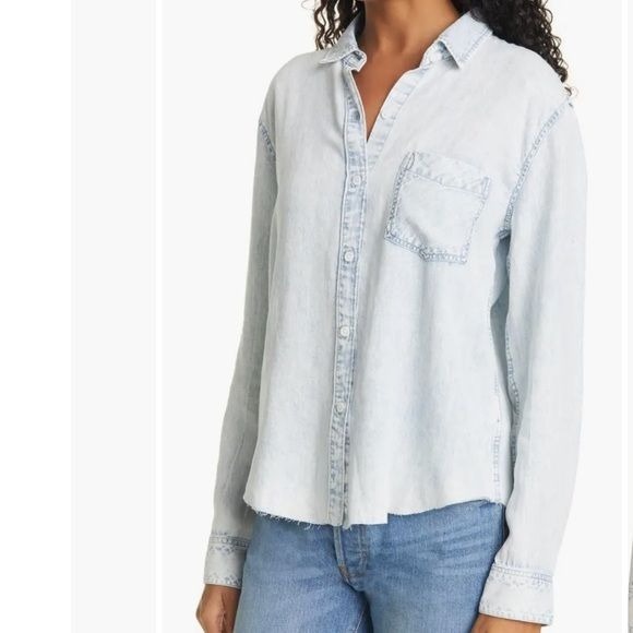 Rails Ingrid Raw Hem Chambray Shirt Light Acid Wash Sz S Women’s Casual Pocket