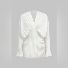 Pleated Bell Sleeve V-Neck Mini Dress