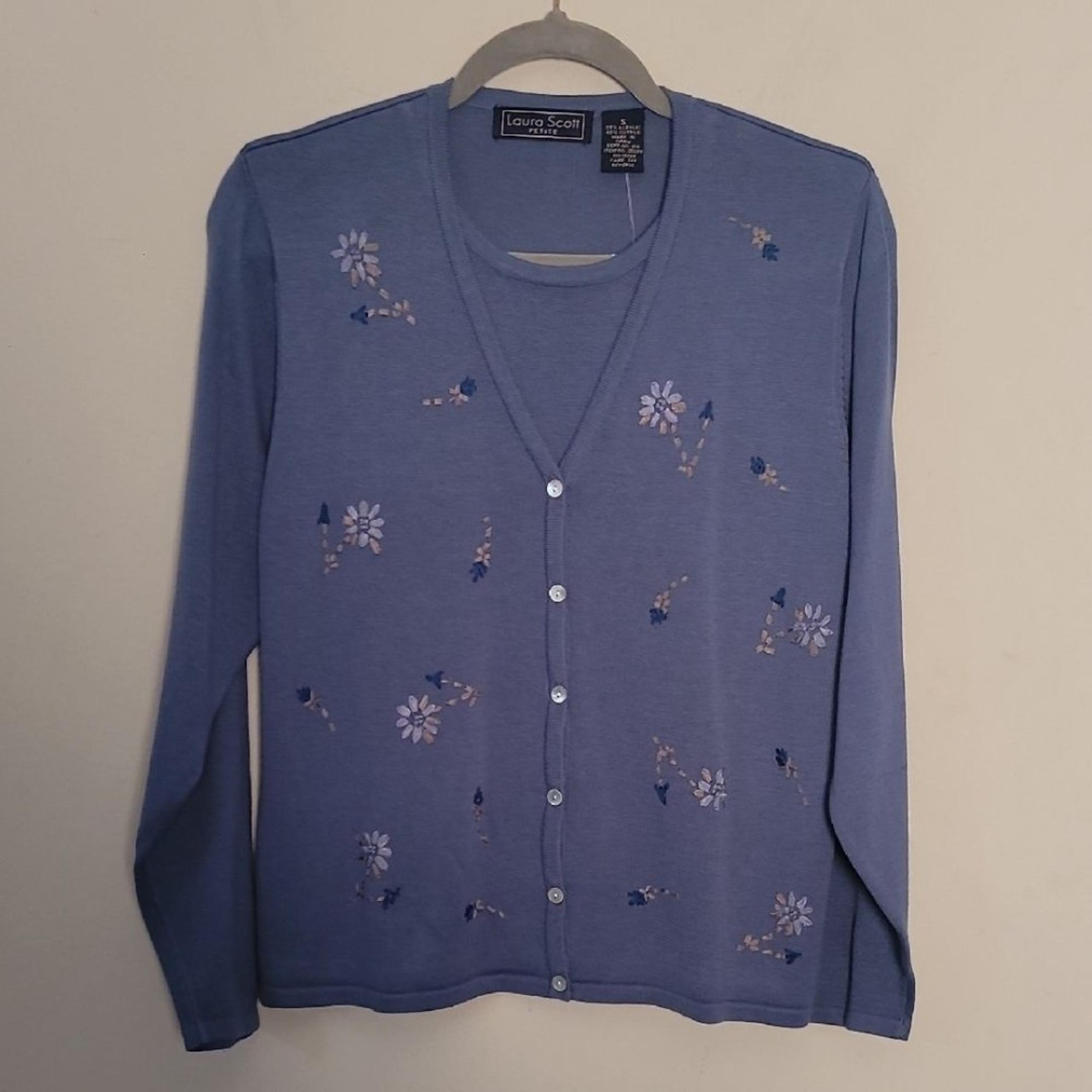 VTG Laura Scott Blue Floral Women's Sweater Sz S New Grandmacore Cottage