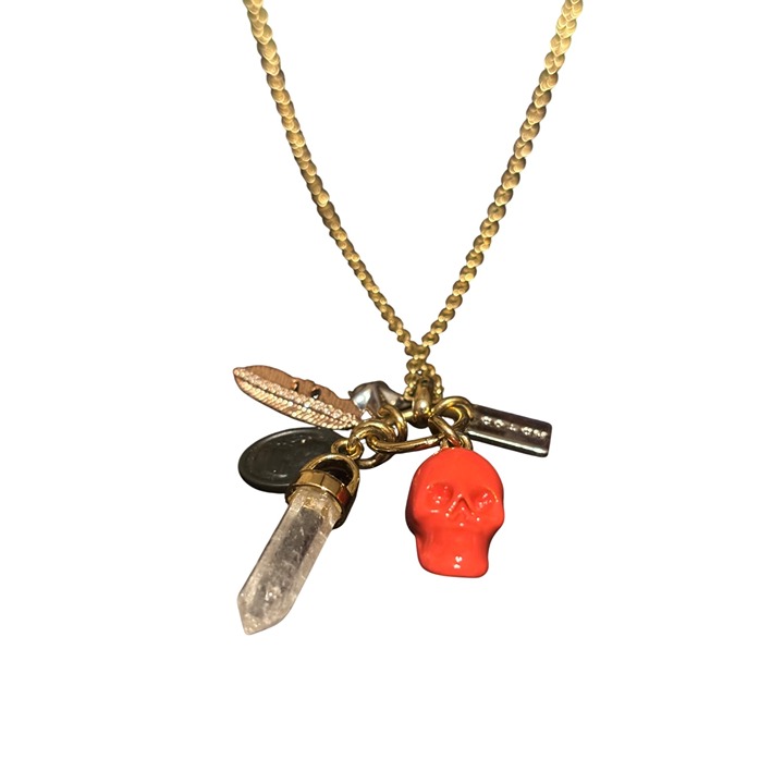 Coach Skull Charm Necklace Gold-Tone Chain With Crystal & Red Skull Pendant Acce