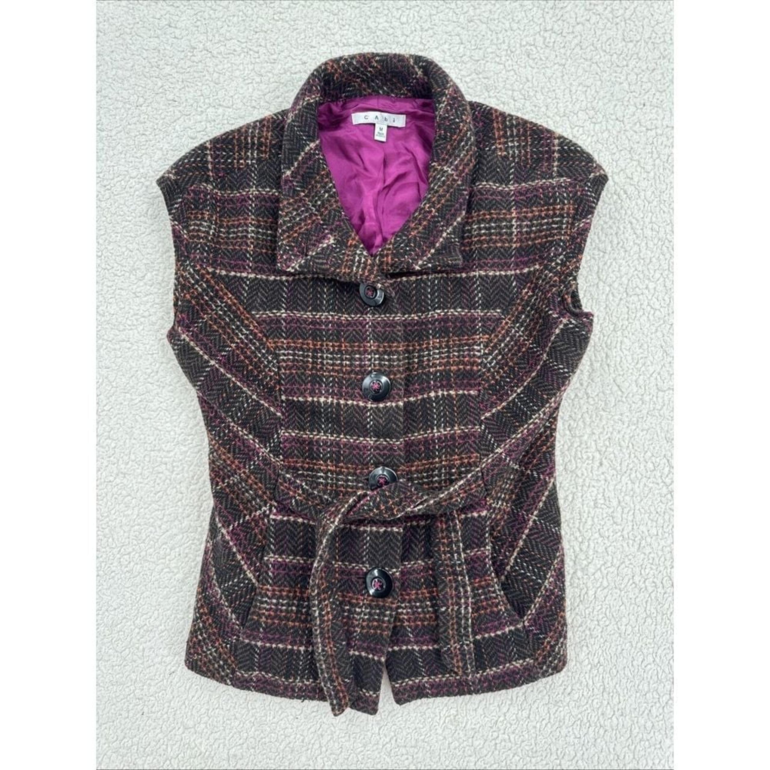 CAbi Tweed Vest Women Size Medium Multicolor Plaid Button Up Belted Lined