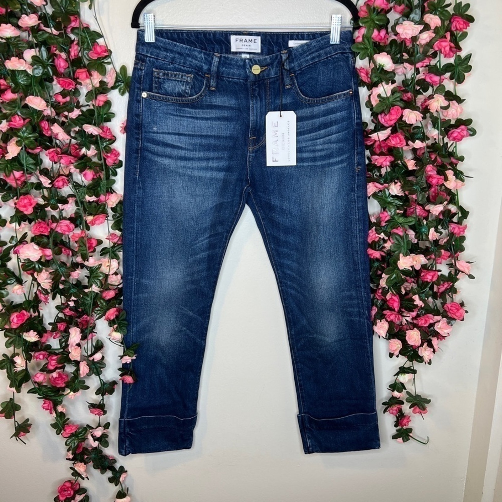 Frame Denim Le Grand Garçon Boyfriend Blue Cuffed Jeans NWT Women’s Novello