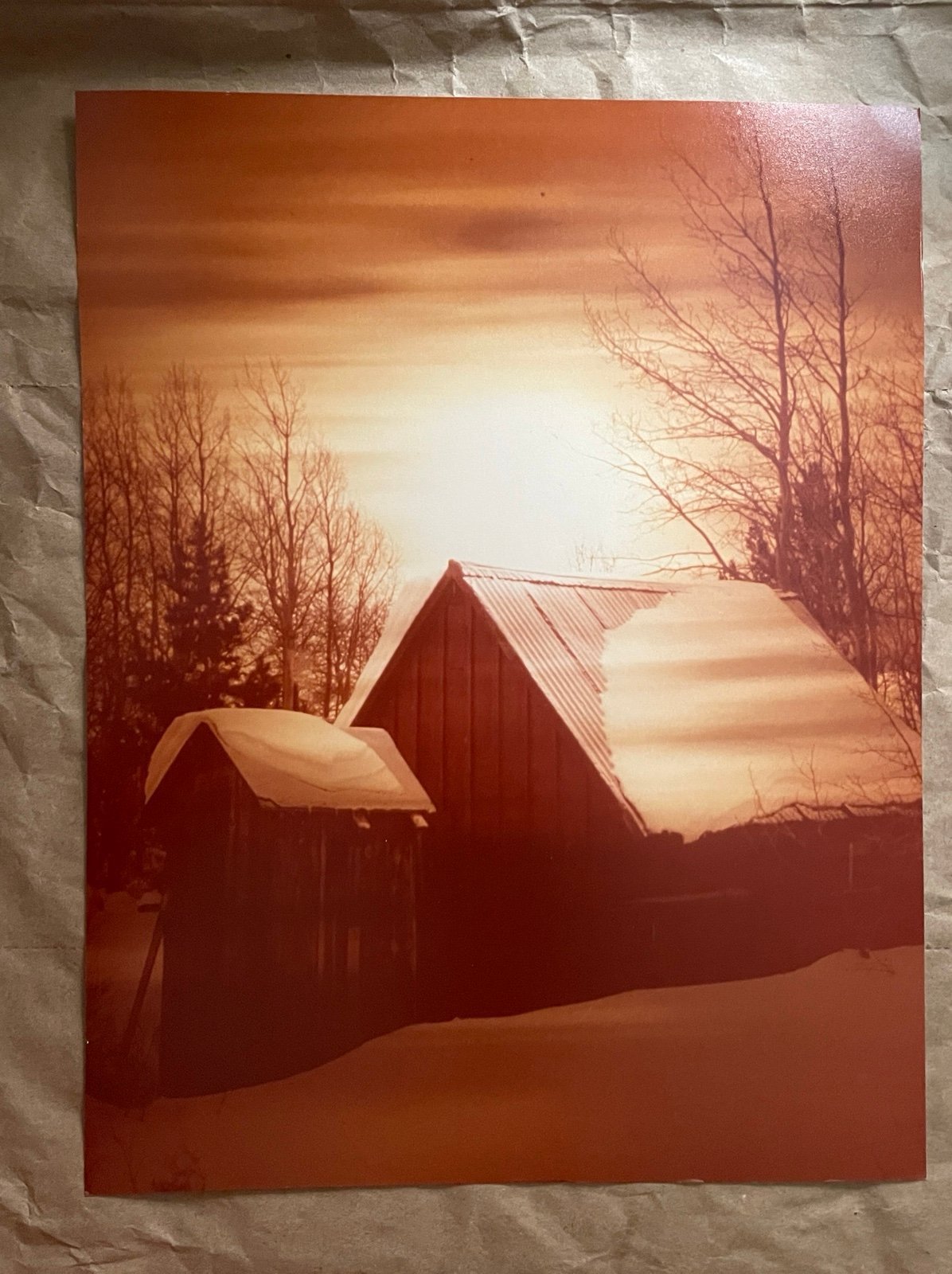 Vintage Barn House and Snow Art Print 8 1/2x11
