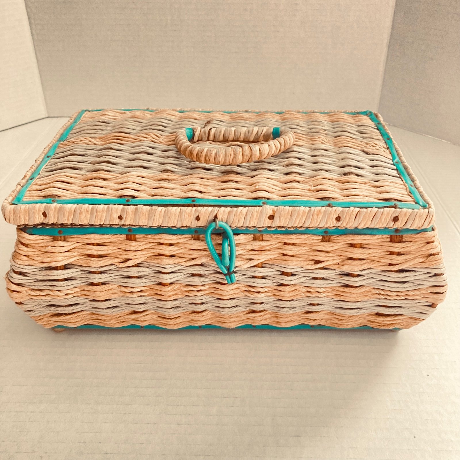 Vintage Wicker Sewing Basket 5.25x9.5” Turquoise Aqua Velvet Lined Box SEE