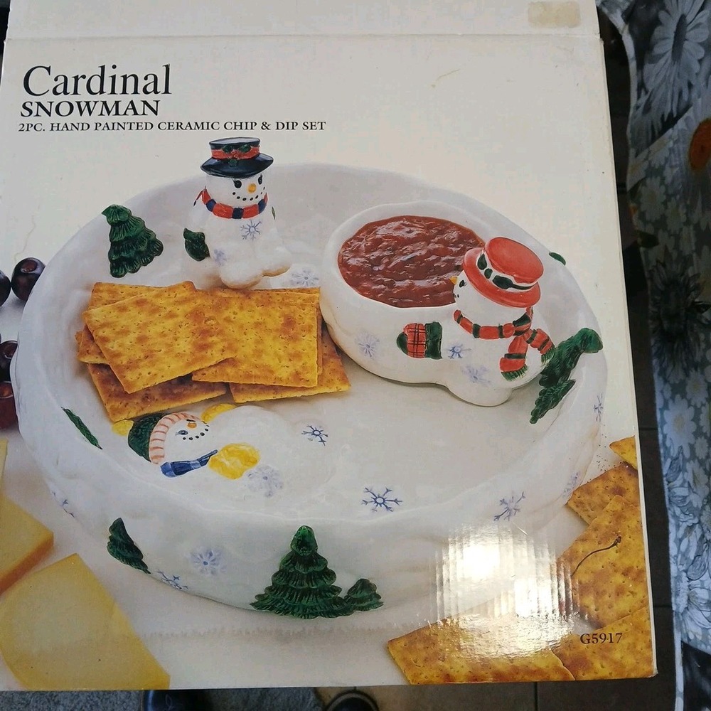 Cardinal Snowman Two-piece Handpainted Ceramic Chip And Dip Set NIB!