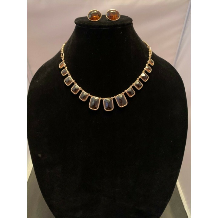 Vintage Topaz Colored Choker and Clip On Earrings Set Gold Tone