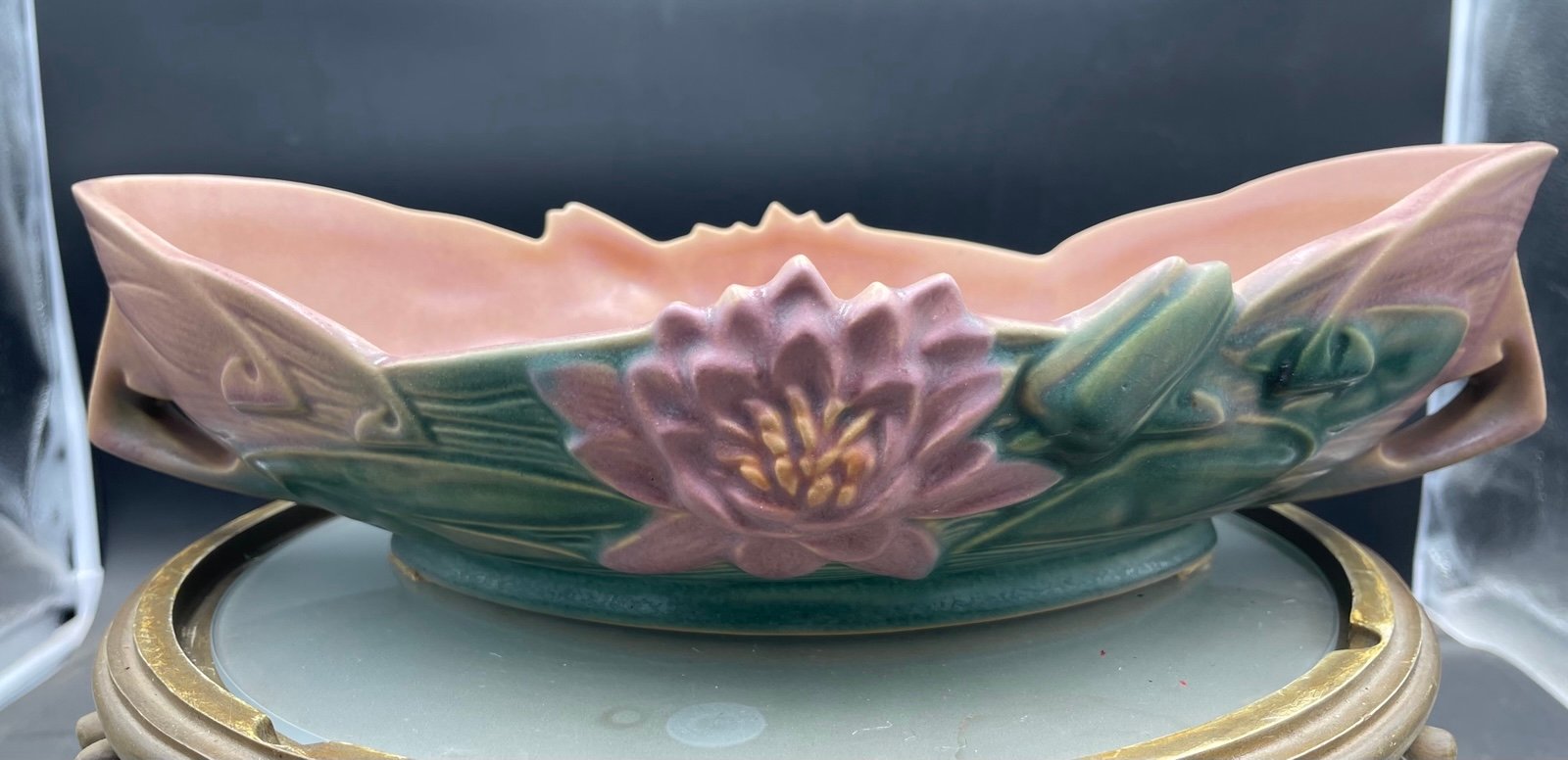 Vintage Roseville Pottery Water Lily Console Bowl 443-12 Pink/Green VG