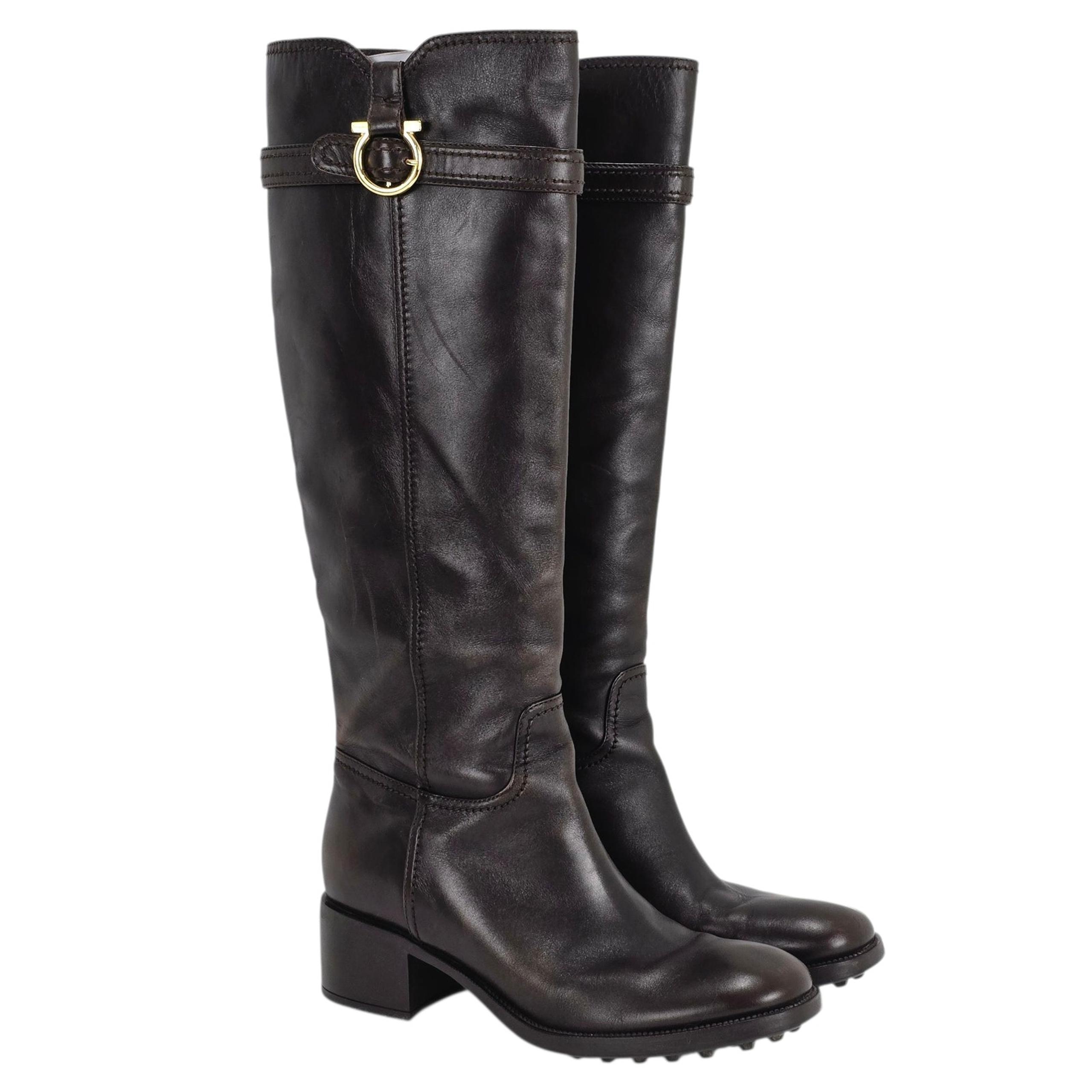 Salvatore Ferragamo Boots Womens 9.5 M Brown Leather Tall Riding Calf Pull Zip